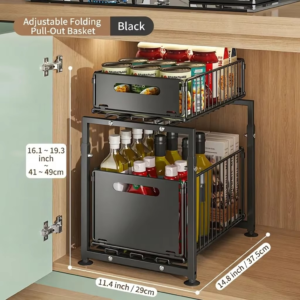 Organiseur sous evier coulissant 2 niveaux en metal noir pour rangement cuisine et salle de bain