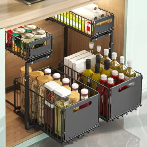 Organiseur sous evier coulissant 2 niveaux en metal noir pour rangement cuisine et salle de bain