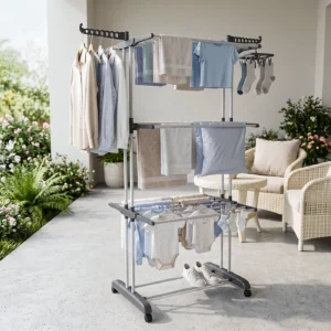 Étendoir à linge pliable 4 niveaux sur roulettes