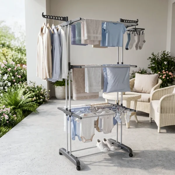 Étendoir à linge pliable 4 niveaux sur roulettes