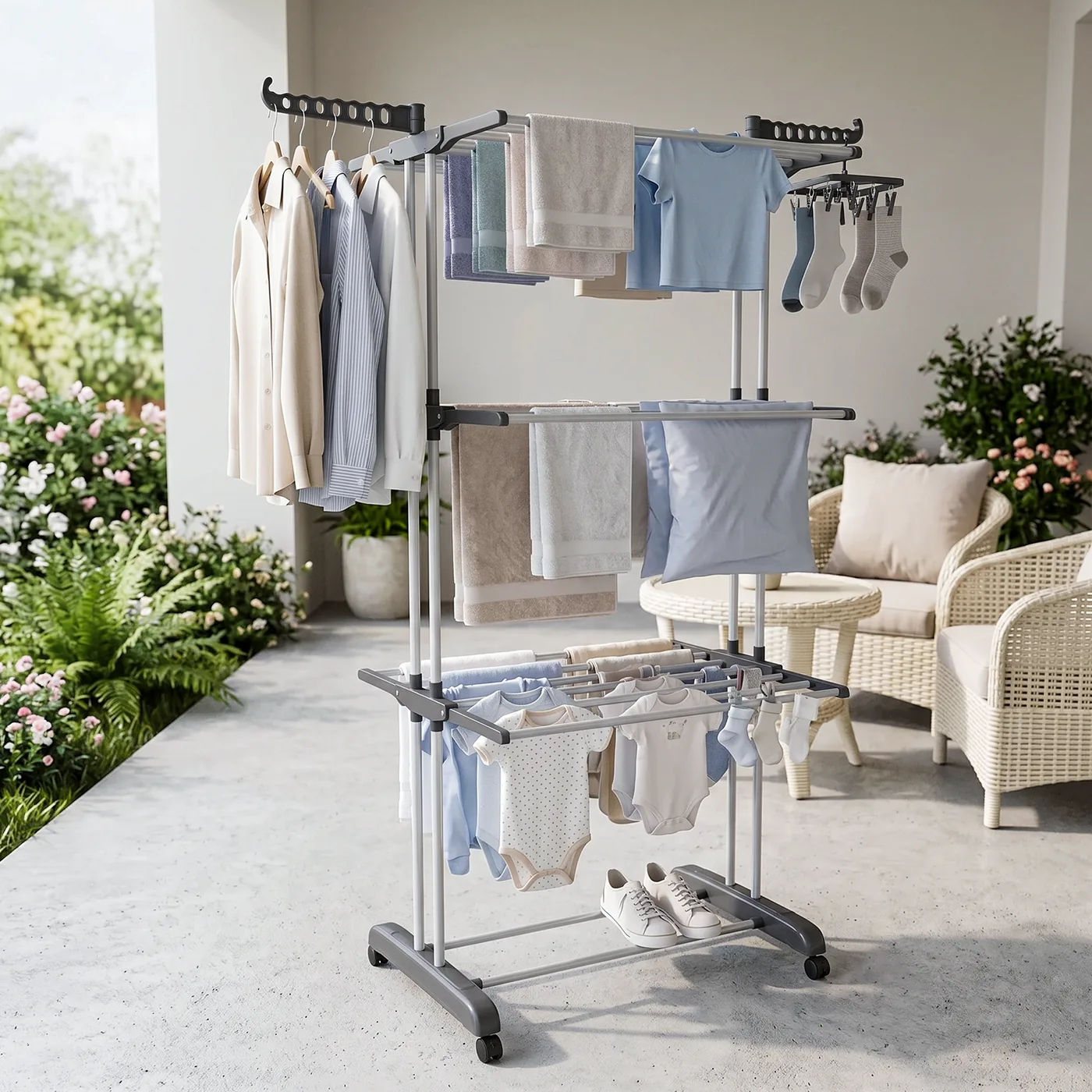 Étendoir à linge pliable 4 niveaux sur roulettes