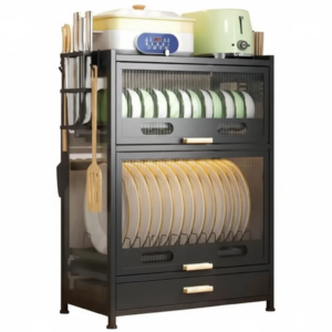 Étagère rangement vaisselle multifonction – Structure métal, portes coulissantes